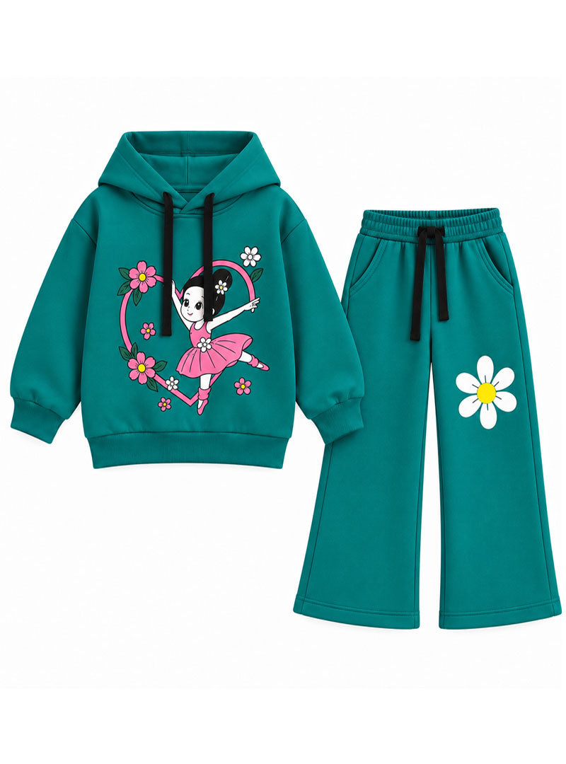 Girls teal hoodie with pink ballerina floral graphic and matching flared trousers