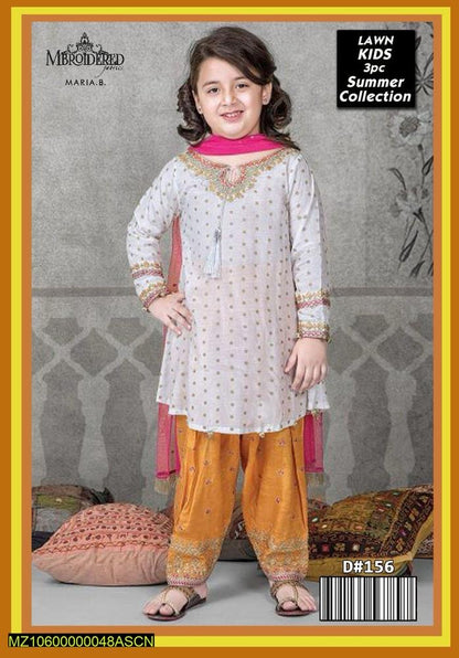 3 Pcs Girl’s Lawn Embroidered Suit - Kids Bazar