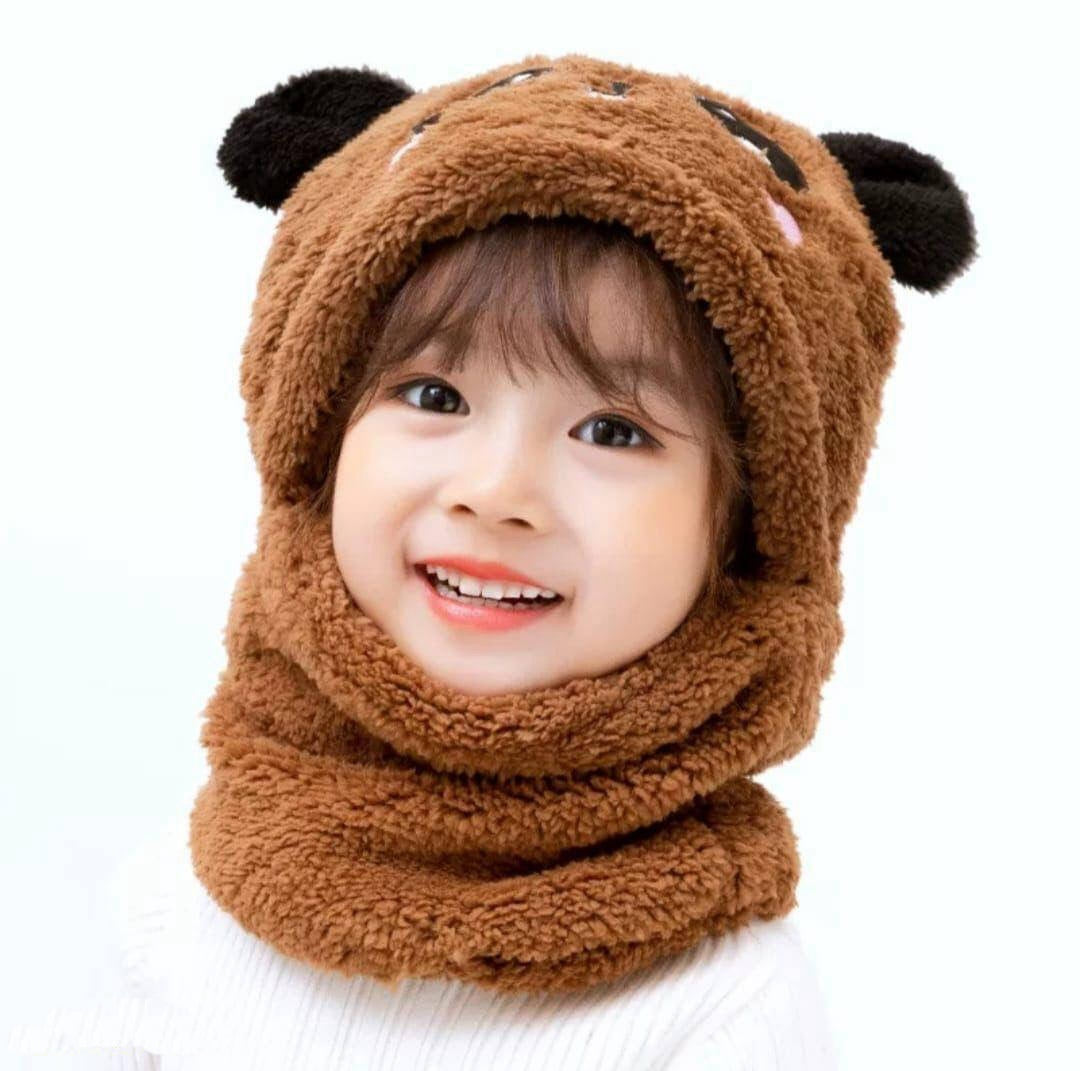 Kids Wool Cap With Attached Neck Warmer - Kids Bazar