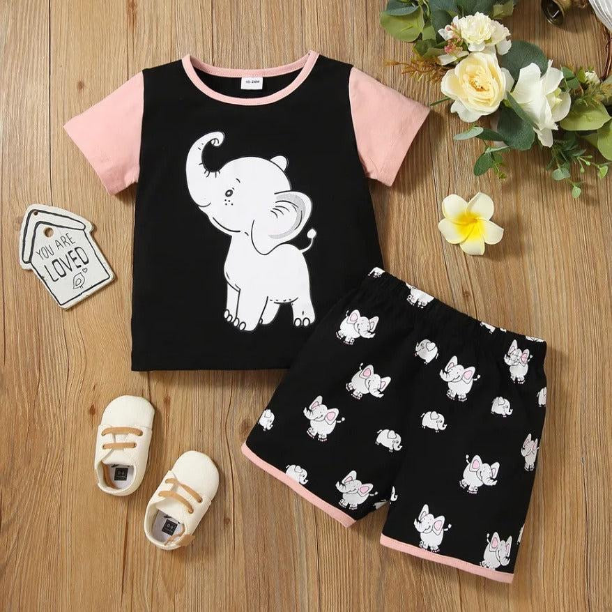 2 Pcs Stitched Cotton Baby Elephant Printed T-Shirt & Shorts Set - Kids Bazar