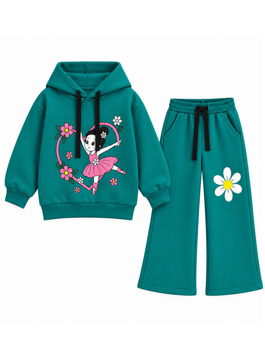 Girls teal hoodie with pink ballerina floral graphic and matching flared trousers