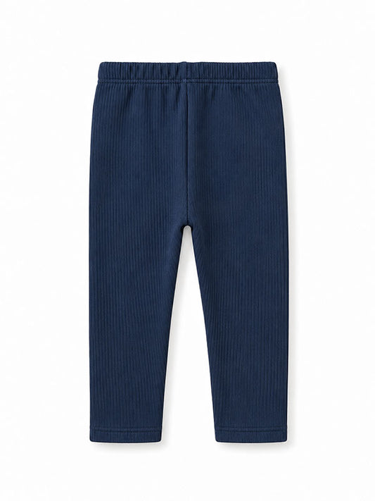 Navy blue ribbed kids winter leggings with an elasticated waistband and full-length legs